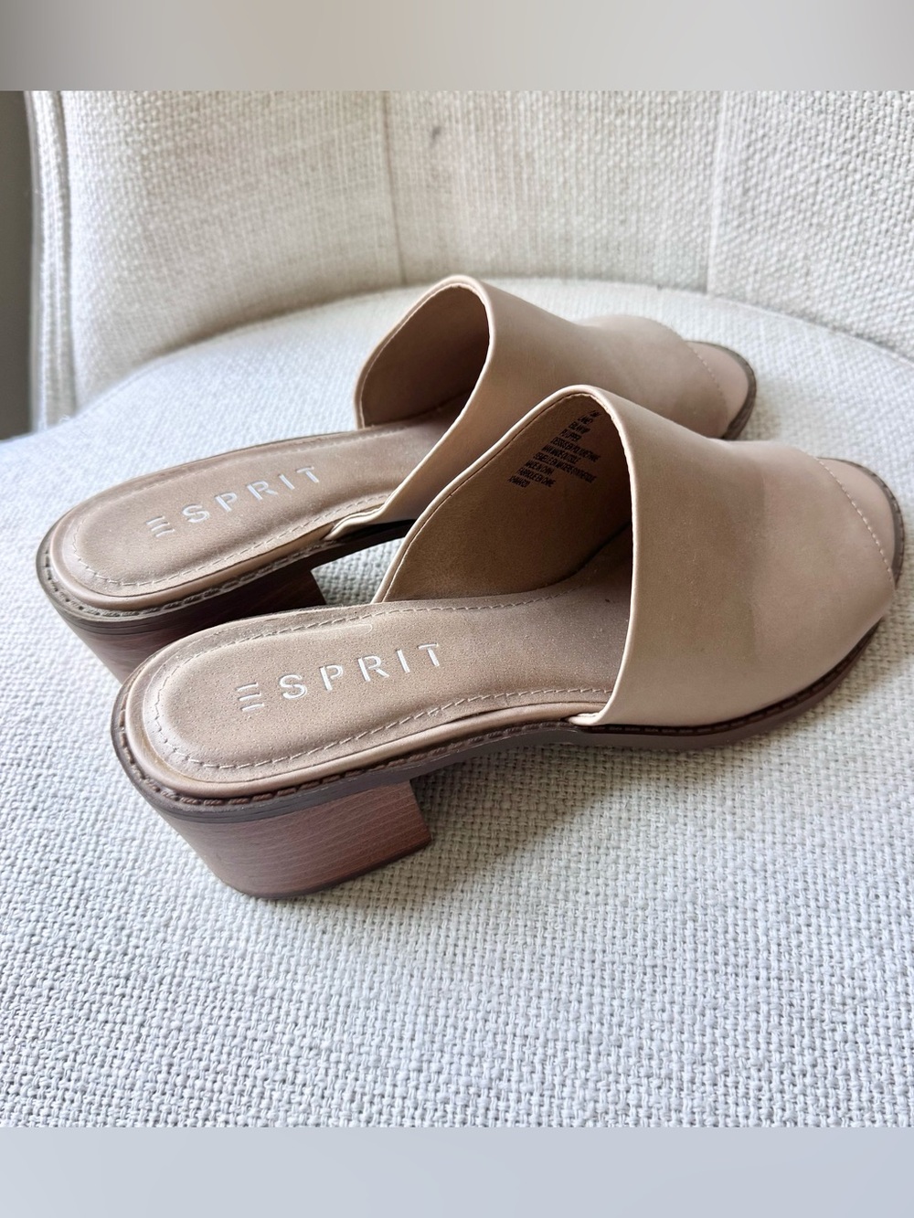Esprit Light Beige Open-Toe Slide Block Heel Mules, Size 7.5